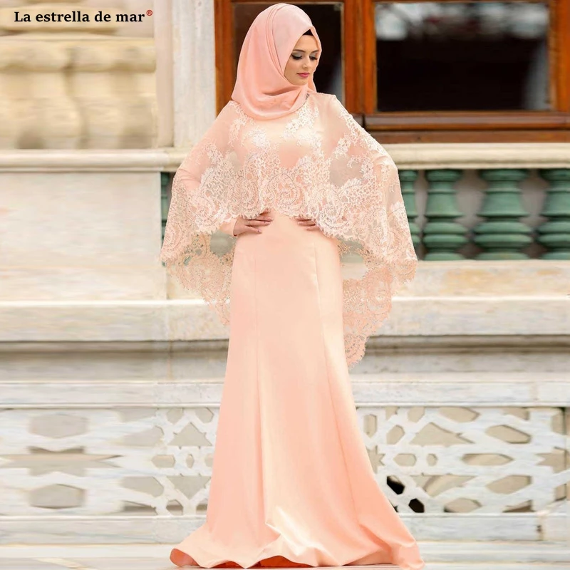 

Elegant Muslim Evening Dress High Neck Lace Wrap Long Sleeves Mermaid Prom Dress With Caped Plus Size Arabic Evening Gown Turkey