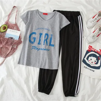 

New Women 2 Piece Set Casual Loose Letter Print Tshirt + Ankle-length Pants Suit Womens Tracksuit Set 2020 Summer Outfits Femme