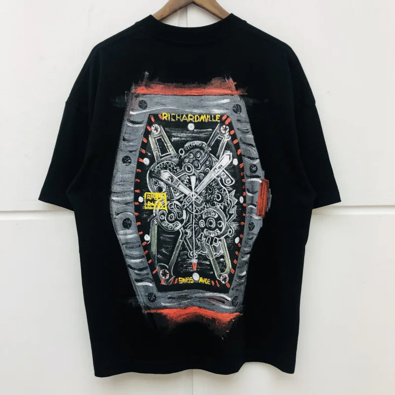 Oversized Hand-painted Watches T Shirt Men Women High Quality Fashion Summer Style T-shirt Tees | Мужская одежда