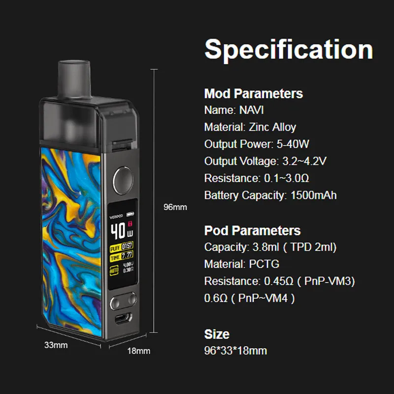 Комплект VOOPOO NAVI Pod с аккумулятором 1500 мАч 40 Вт и 3,8 мл pod картриджем и Ом RBA катушкой Vape испаритель VS VINCI/VINCI X