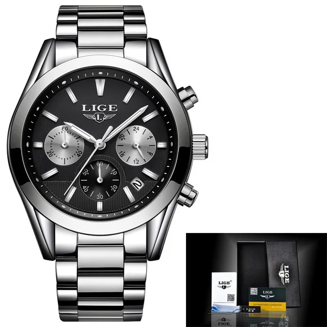Montre Homme Часы для мужчин люксовый бренд LIGE Хронограф Мужские спортивные часы водонепроницаемые полностью Стальные кварцевые мужские часы Relogio Masculino - Цвет: steel silver black