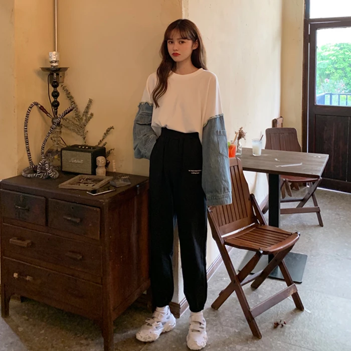 Женские свитшоты корейский шик Ulzzang деним сшивание Круглый Вырез Винтаж толстовка женская Kawaii милый свитшот для женщин