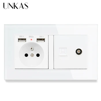 

UNKAS Glass Panel French Standard Socket With Dual USB Port + RJ45 Internet Computer Jack And TV Television Power Outlet