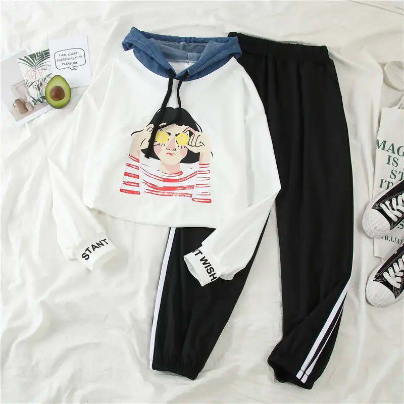 

2019 New women's sports suit] autumn INS women's Korean long-sleeved + loose nine-point pants two-piece