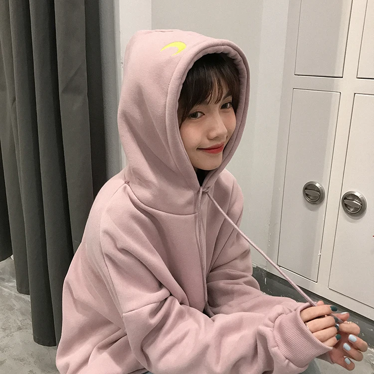 Fannic вышитые Луна кошка розовые толстовки для женщин Kawaii корейский стиль свободный свитер с капюшоном пуловеры