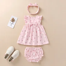 

Baby girl's suit 2022 summer new underpant bowknot headband and dress baby girl princess baby fresh clothing suit