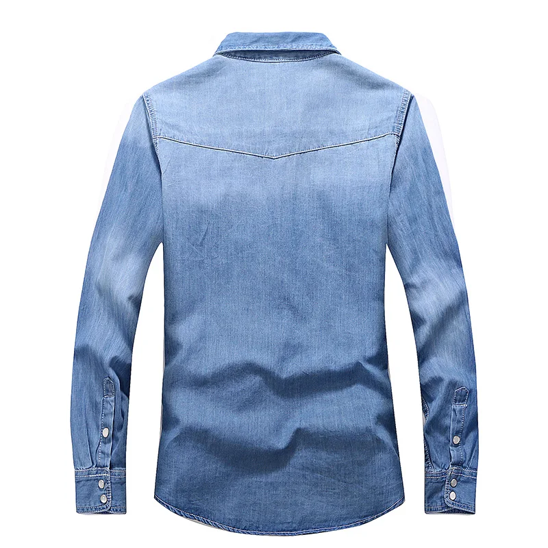 Spring Autumn Leisure time Men Denim Thin Shirt Long Sleeve Soft Two Pockets Slim Slight Jeans Cowboy