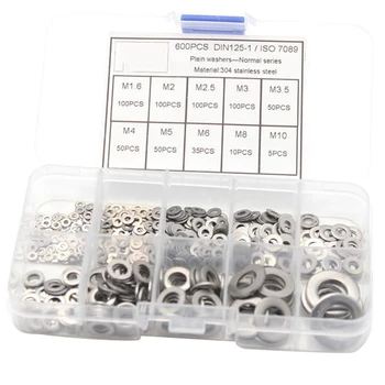 

600Pcs/Set M1.6 M2 M2.5 M3 M3.5 M4 M5 M6 M8 M10 Stainless Steel Flat Washer Plain Washer Gaskets Assortment Kit