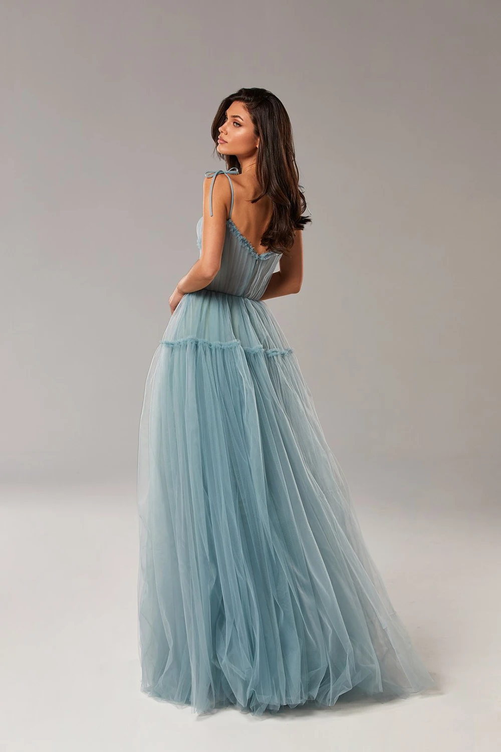 Sevintage Blush Pink/Blue Long Prom Dresses 2021 Spaghetti Straps Tiered Skirt A-Line Party Dresses Pleated Tulle Formal Gowns