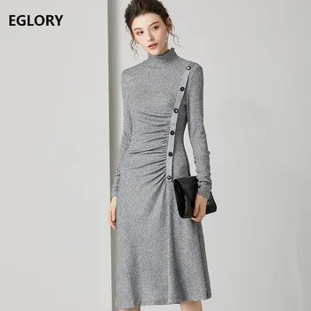 

2019 Autumn Winter Wool Knitted Dress High Quality Women Tunic Buttons Up Long Sleeve Casual Grey Sweater Dress Pullovers Ladies