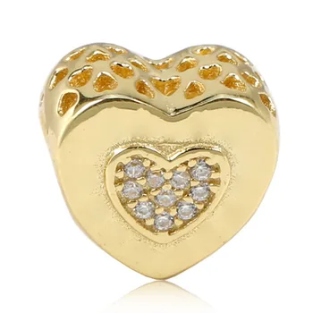 

New 925 Sterling Silver Bead Charm Gold Color Shine Openwork Radiant Hearts With Crystal Beads Fit Pandora Bracelet DIY Jewelry