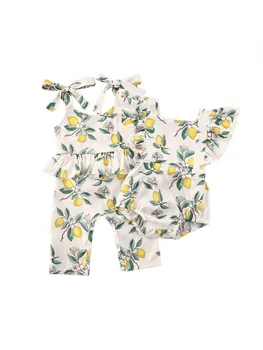 

2020 Infant Newborn Baby Girls Clothes Ruffles Sleeveless Lemon print Romper Summer Outfit Clothes Size 0-2T