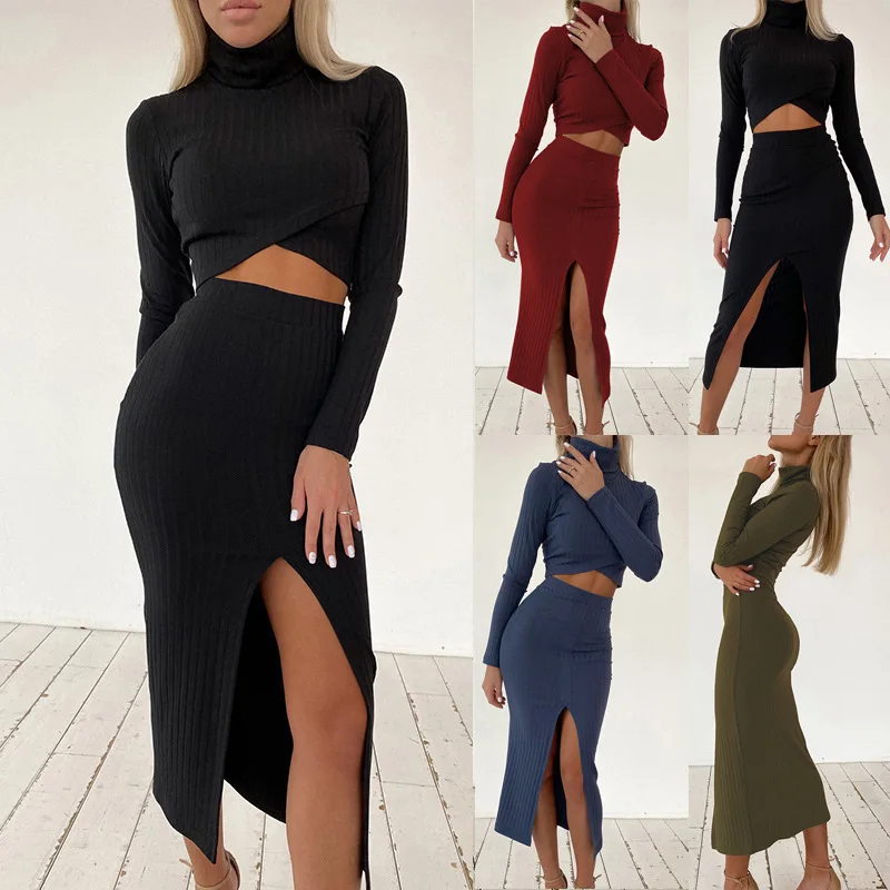 Long Sleeve Turtleneck Women Casual Suit Women's High Neck  T-shirt High Waist Bag Hip Slit Skirt  2021 Autumn and Winter