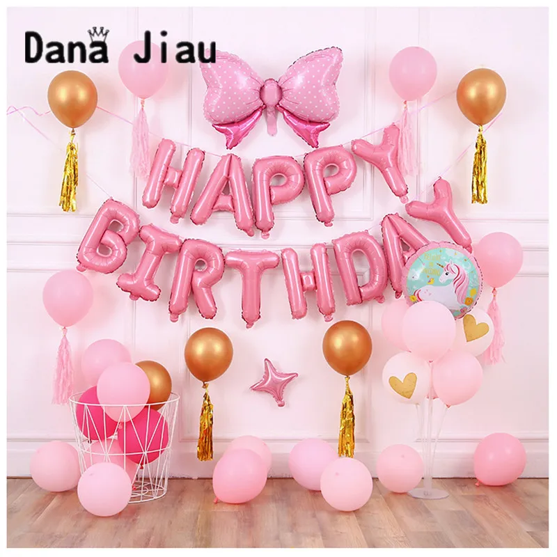 

DanaJiau NEW HAPPY BIRTHDAY party set balloon pink theme girl 5 years old gift golden latex balloons blue boy baby shower decor