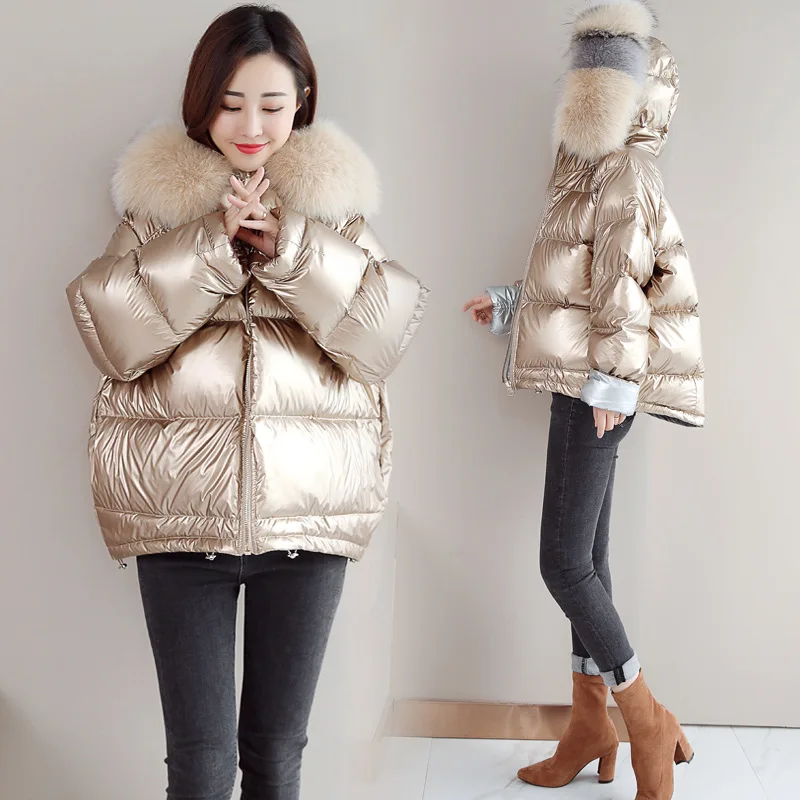 

Fashion Winter Thick Women Cotton Down Jacket Hooded Big Fur Collar Two-sided Short Warm Coat Female Oversize Loose Parkas Mujer