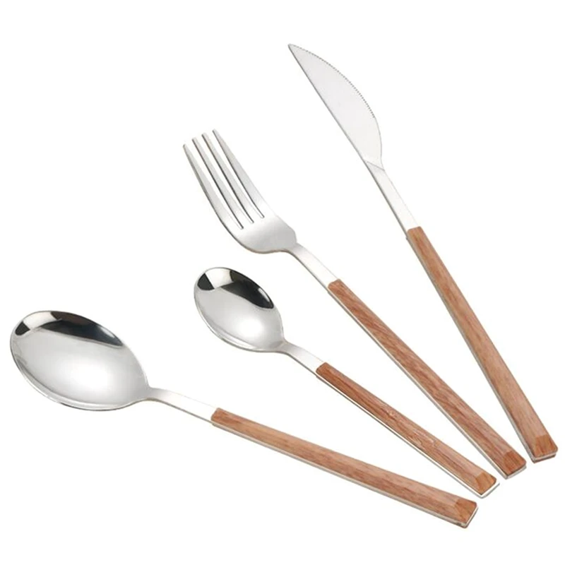 24Pcs 304 Stainless Steel Tableware Set Glossy Wood Silver Dinnerware Sets Western Food Knife fork Teaspoon Cutleries