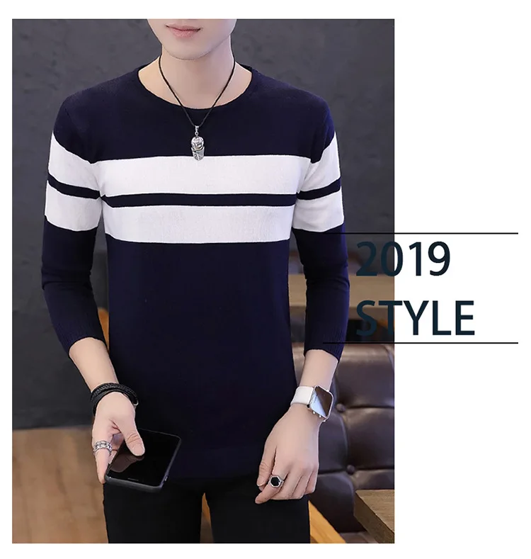 Sweater Men Long-sleeved Sleeve Round Collar Leisure Color Spring and Autumn Thin Trimming Black Wine Red Blue Warm Sweater