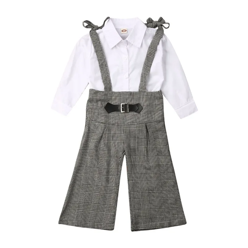 

Kids Baby Girl Spring Autumn Long Sleeve Button Tops T Shirt Plaids Long Bib Pants Jumpsuit Clothes Outfit Set