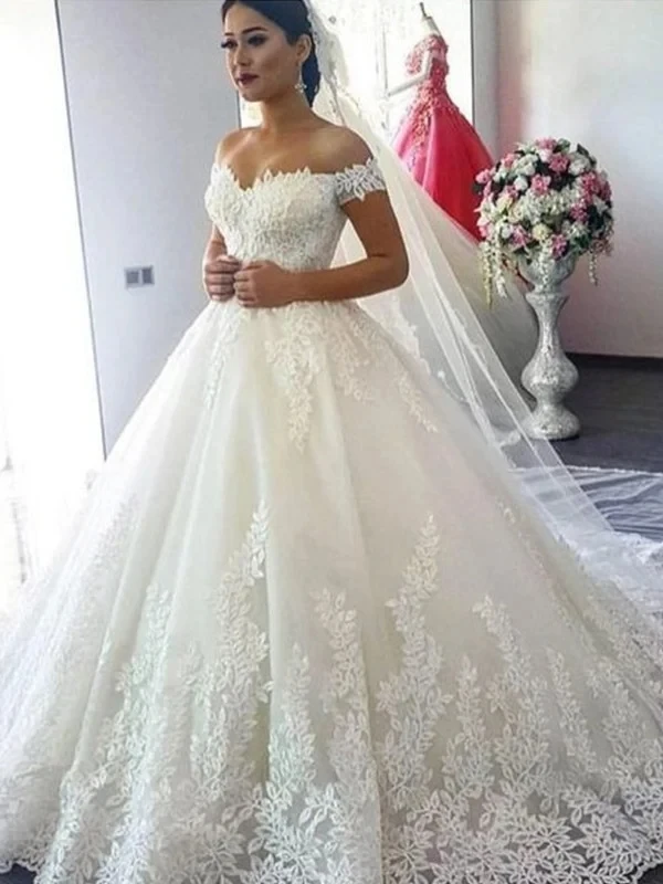 

Ball Off-the-Shoulder Sleeveless Sweep Brush Train Lace Tulle Wedding Dresses Custom Made Bride Bridal Gown