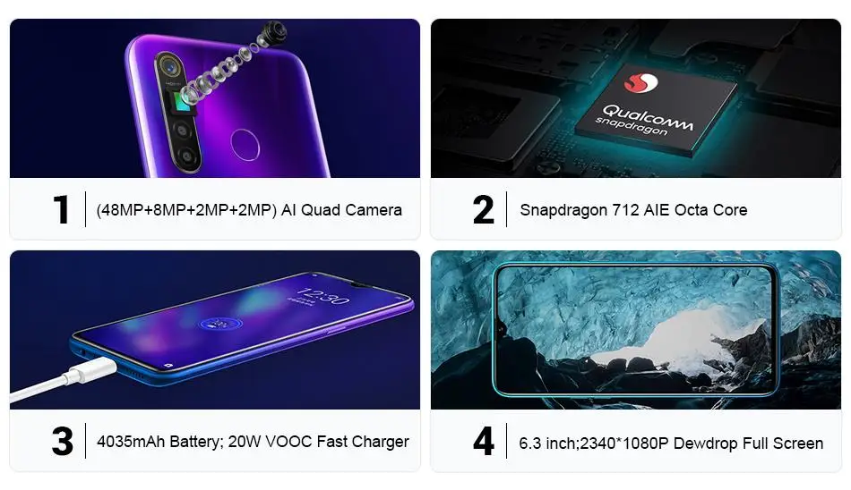 Мобильный телефон Oppo Realme Q, Snapdragon 712, Android 9,0, 6,3 дюймов, полный экран, МП, 5 камер, 8 Гб ram, 128B rom, отпечаток пальца