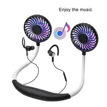 

New Portable USB Rechargeable Bluetooth Headset Double Neck Fan Air Cooler Summer Mini Fan Headset with LED Light Aromatherapy