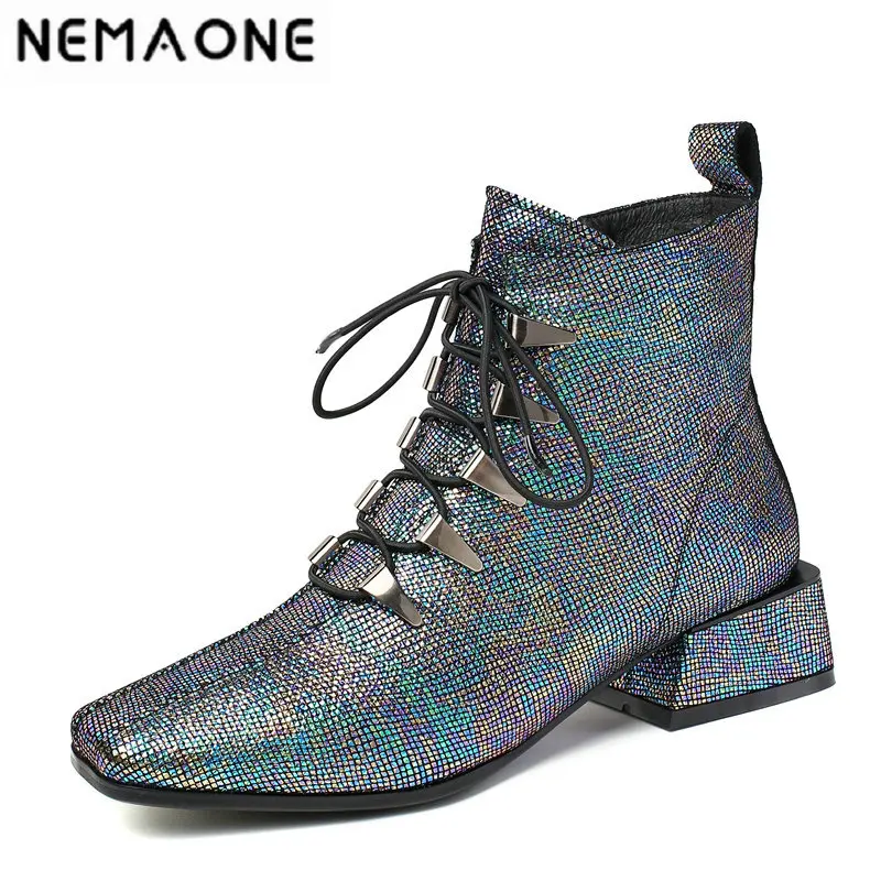 

NEMAONE Genuine Leather Boots Women lace up square Toe Ankle Boots Autumn Winter Party Shoes Woman Vintage Motorcycle Boots