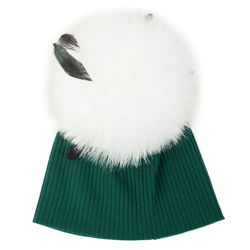 dark green white Geebro/Новое поступление; детская шапка в рубчик с галстуком-красителем; Модный прочный мягкий хлопок; шапка для девочки; 15 см; страусиное меховое шапки с помпонами - Цвет: dark green white