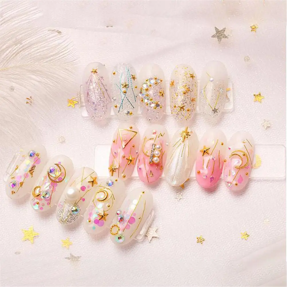 MeterMall Nail Art Gold Strass Star Moon Decor Mix 3D Rhinestones Beads AB Sequins Shiny Glitter Charm Gem Manicure Accessories