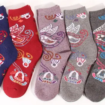 

1 Pair Women Winter Thicken Faux Wool Towel Crew Socks Ethnic Vintage Paisley Floral Print Knitted Warm Thermal Hosiery