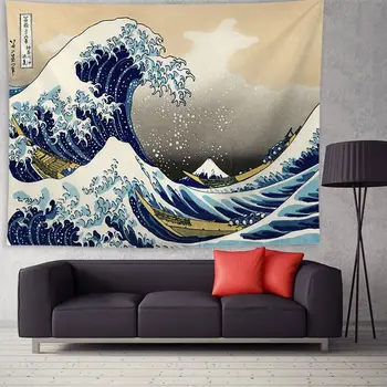 

Ukiyo-E Japanese-Style Living Room Tapestry Waves Tapestry Decorative Painting Kanagawa Surfing Tapestry Background Cloth Psyc