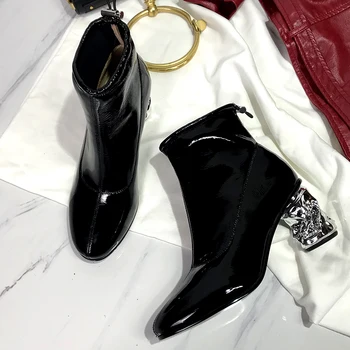 

Plus size 34-43 women's genuine leather thick high heel autumn ankle boots round toe elegant ladies slip-on dress boots shoes