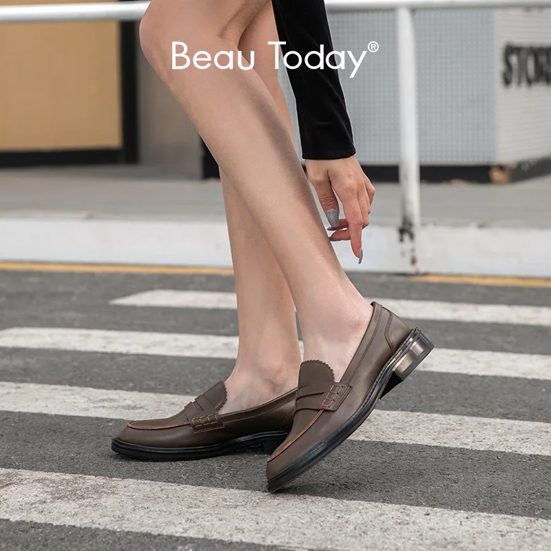 Лоферы BeauToday Penny женские натуральная бычья кожа Прошитый круглый носок без