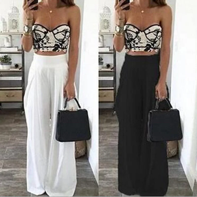 

Daddy Chen Summer Women High Waist Wide Leg Pants Sexy fashion loose Side Zipper Pockets Chiffon black white Trousers Party 2017