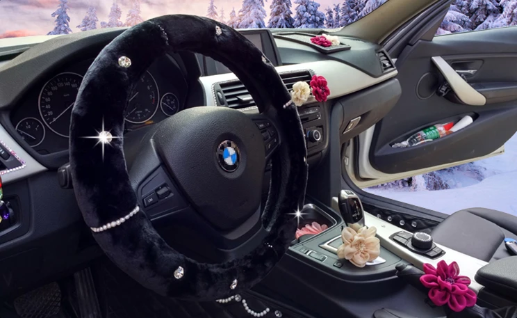 Длинный плюшевый теплый автомобильный чехол на руль со стразами, украшение для автомобиля, чехлы на руль