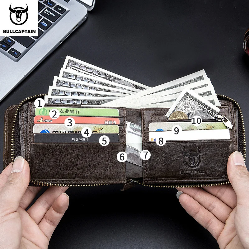 BULLCAPTAIN New Arrival Male RFID Leather Wallet Men Wallet Cowhide Coin Purse Slim Designer Brand Wallet Billetera Para Hombres 4