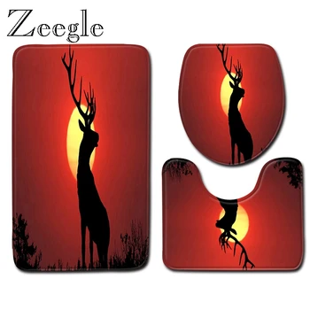 

Zeegle Elk Pattern Rug Non Slip Bath Mat Washable and Absorbent Soft Shower Mat Toilet Carpet Shower Carpet 3 pcs Small Rugs