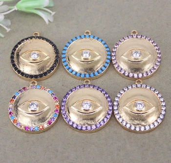 

5pcs Fashion Gold Metal Copper Micro Pave CZ Round Shape Evil Eye Pendant Beads For DIY Jewelry Making