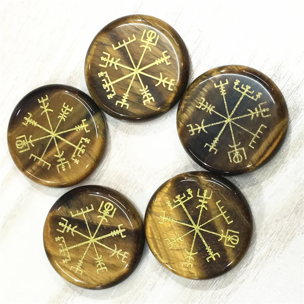 Tiger eye Горячие круглые натуральные Агаты лазурит пальмовый камень Vegvisir Викинг Компас Руна Guardian символы рейки целебные кристаллы - Окраска металла: Tiger eye
