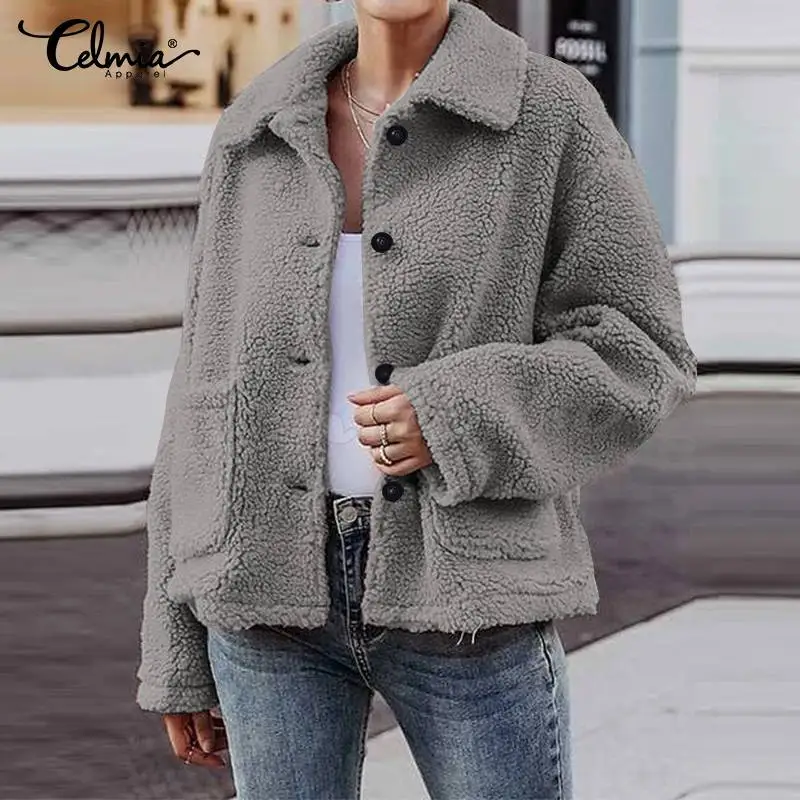 Women Winter Autumn Thin Coats Celmia Faux Fur Coats Long Sleeve Fluffy Jackets Casual Pockets Fleece Outerwear Plus Size
