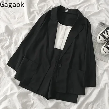 

Gagaok Women Office Lady 2 Piece Set Spring Autumn New Stand Collar Solid Pockets Single Button Loose Chic Female Fashion Sets