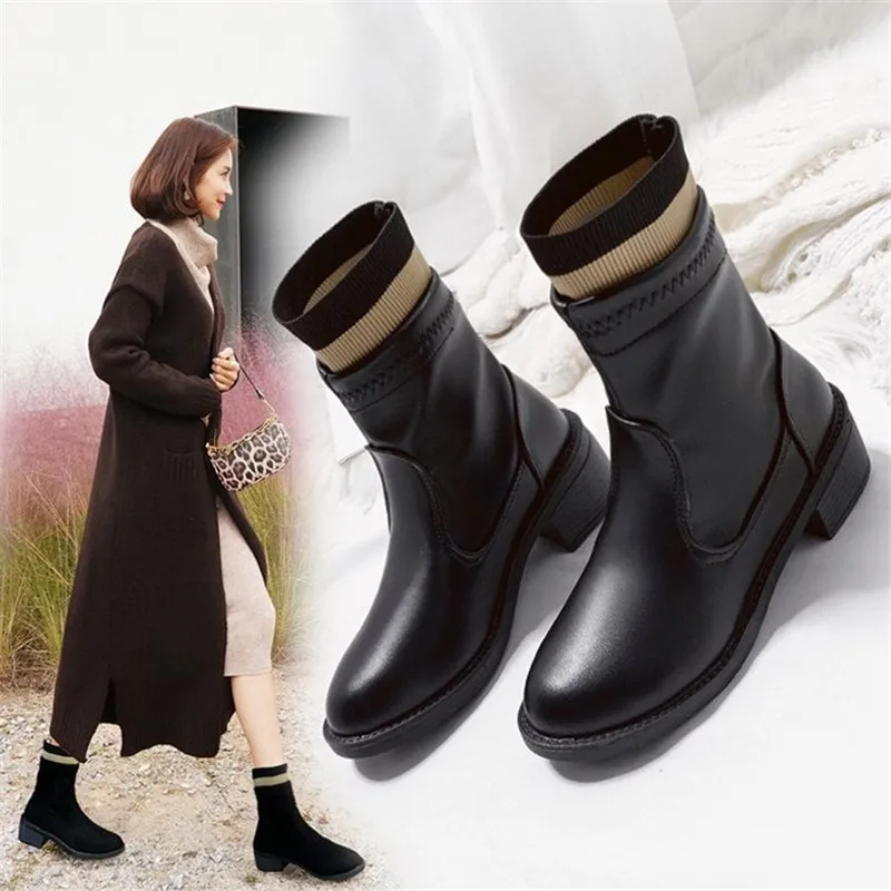 Женские кожаные ботинки Теплые ботильоны нескользящий комплект Осень-зима 2020 |