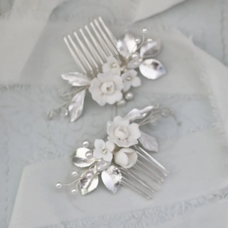 Floralbride Handmade Ins Style Pearls Ceram Flower Bridal Hair Comb Wedding Headdress Hair Accessory Bridesmaids Women Jewelry