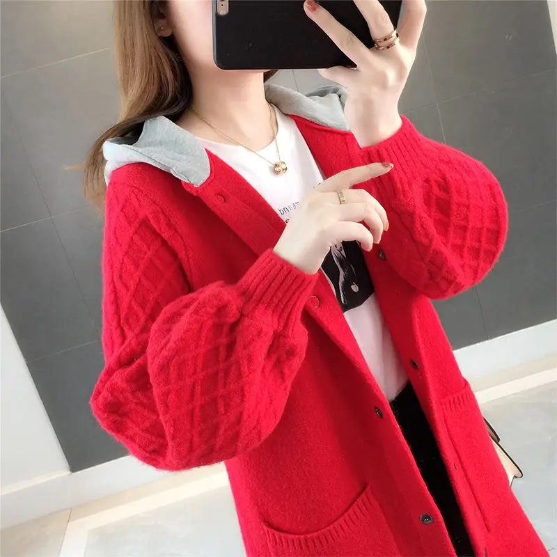 Neploe Autumn Winter Sweater Long Cardigan Women Long Sleeve Knitted Hooded Outwear Loose Pocket Sweaters Knitwear 55342