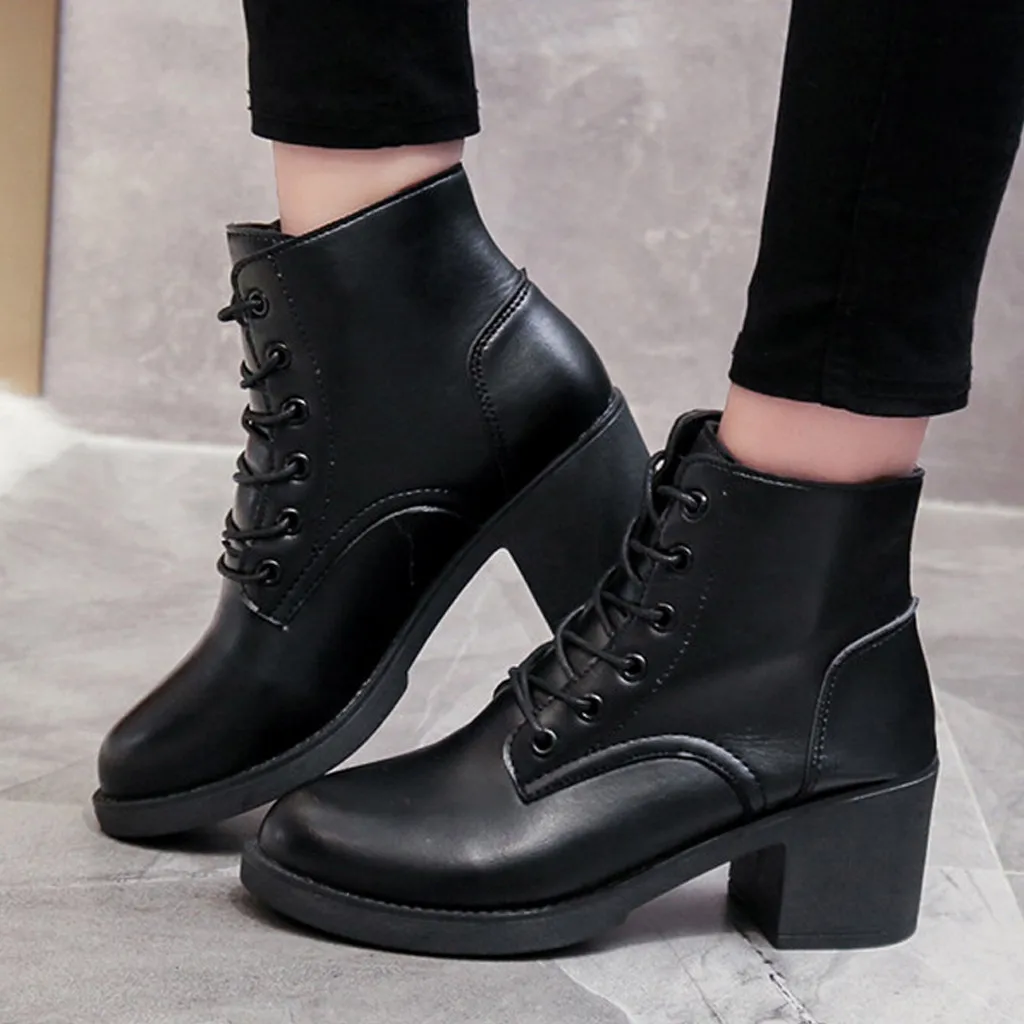 

Womens High Heeled Boots Round Toe Shoes Fashion Solid Color Leather Short Boots Lace-Up Square root Ladies Boot botas mujer
