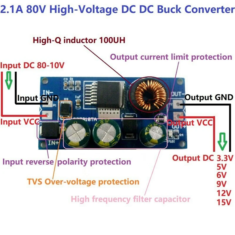 2A Dc 80V 72V 64V 48V 36V 24V to 15V 12V 9V 6V 5V Hv Buck Dc-Dc преобразователь модуль питания(6 V