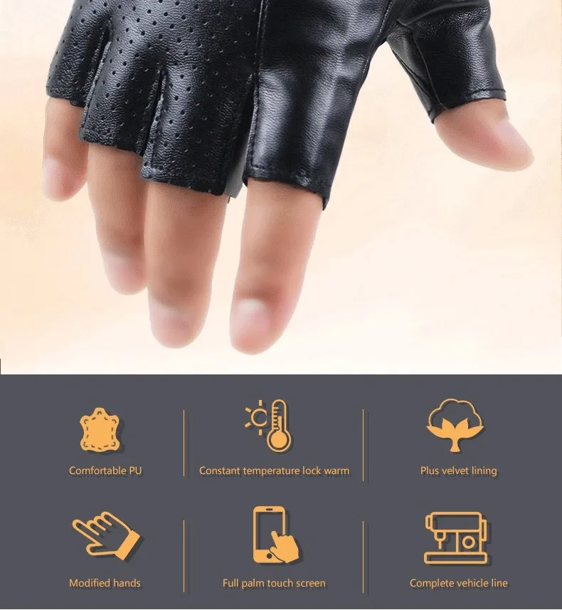 Men PU Leather Driving Gloves Anti-Slip Touch-Screen Half Finger Moto Fingerless Gloves Motorcycle Cycling Training Fitness Luva