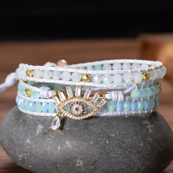 

Sparkling Crystals EYE Charm Bracelets Handmade Stones Beaded 3 Strands Women Fashion Jewelry