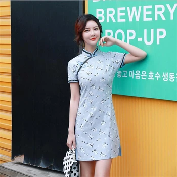 

Sexy linen and cotton chinese cheongsam women plus size mini qipao dress above knee floral printed vintage summer qi pao dress