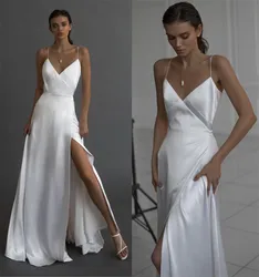 Tout An Satin Wedding Dress A Line Split Slit Spaghetti Straps Sexy Backless Bridal Gowns White Ivory Outdoor Fromal Wear