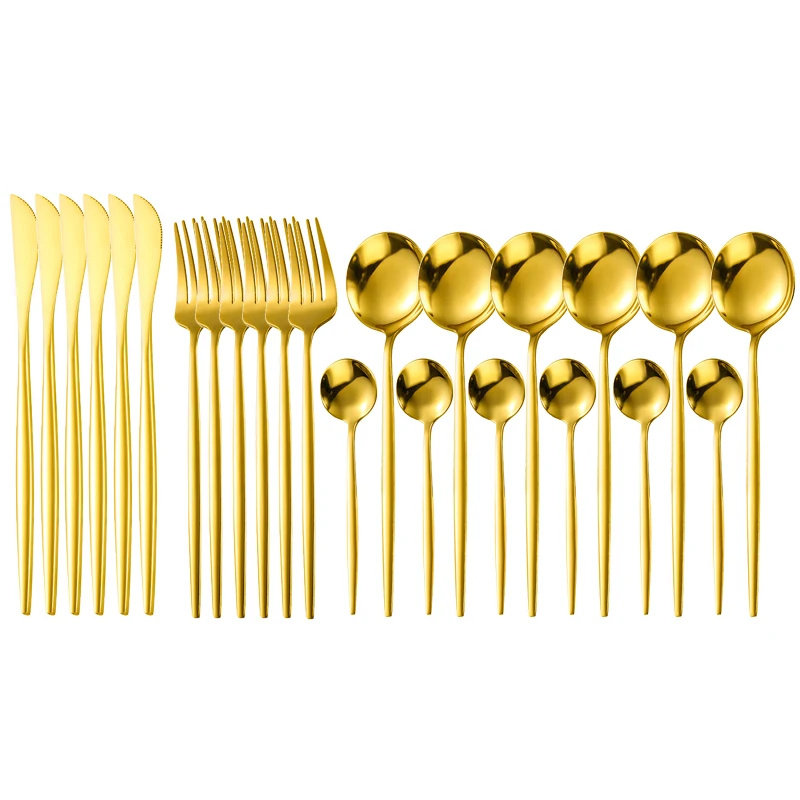 US $20.67 24pcs Gold Dinnerware Set 1810 Stainless Steel Cutlery Set Tableware Dinner Knife Fork Spoon Flatware Set Dishwasher Safe